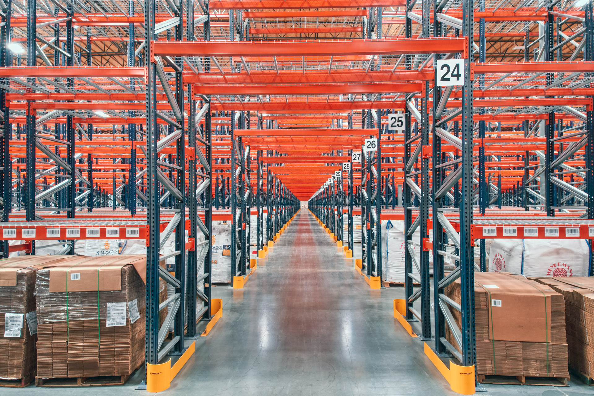 Pallet rack aisle in an industrial warehouse